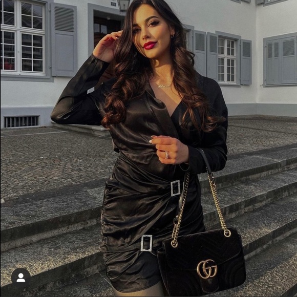 Zara Jewel Trim Satin Effect Dress Black Draped - Picture 2 of 14